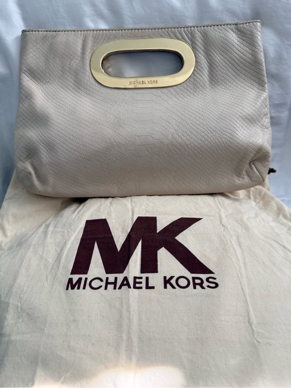 Michael Kors Ivory Leather Handheld Clutch with Gold-Tone Handle